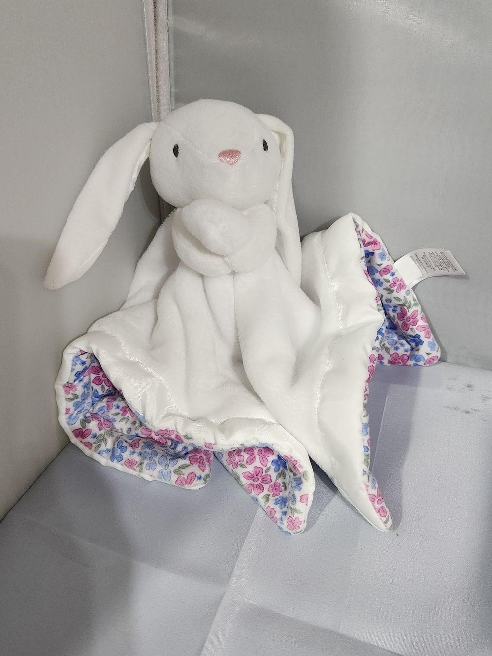 Plush White Bunny Lovey with Pink & Blue Floral Trim